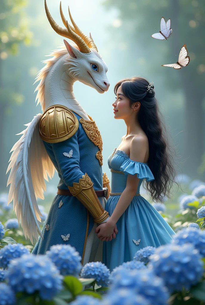 Full body image of a male dragon with white scales, blue eyes, six golden horns, feathered wings, wearing a blue suit decorated with white rose patterns, wearing golden armor, standing holding hands with a beautiful young woman with black hair, brown eyes, wearing a blue dress with white rose patterns, both of them standing hugging and staring into each other&#39;s eyes, in the middle of a field of hydrangeas, with butterflies flying around.