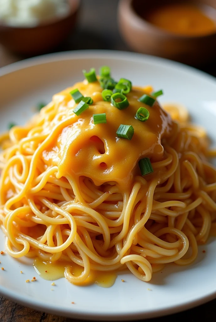 Create a picture about this product. Pancit Canton with cheese and omelette