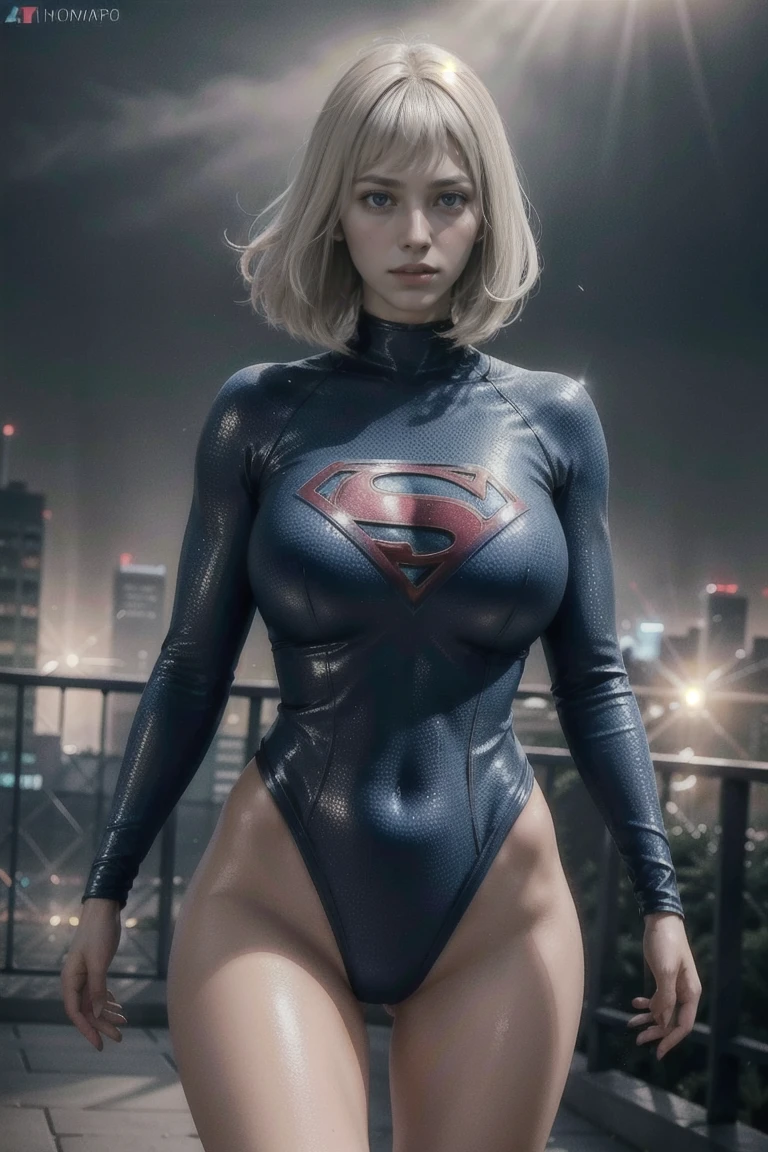 a beautiful girl with short white hair, wearing a tight supergirl costume with long sleeves, huge breasts,perfect body,wide hips (best quality,4k,8k,highres,masterpiece:1.2),ultra-detailed,(realistic,photorealistic,photo-realistic:1.37),hyper detailed facial features,extremely detailed eyes and face,longeyelashes,highly detailed costume,dynamic pose,action scene,moody lighting,cinematic composition,vibrant colors,