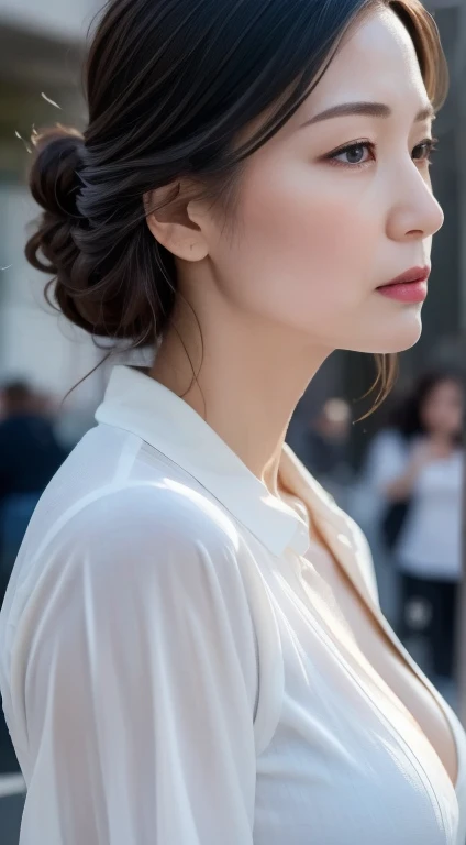 ((Highest quality, 8k, masterpiece: 1.3)), sharp: 1.2, Perfect Body Beauty: 1.4, Slim Abs: 1.2, ((Layered Hairstyles, Big Breasts: 1.2)), (Wet White Button Long Shirt: 1.1), (rain, street: 1.2), Wet: 1.5, Highly detailed face and skin texture, Detailed eyes, double eyelid, Profile staring at the viewer、Eyelight sharp、Trembling with anger、