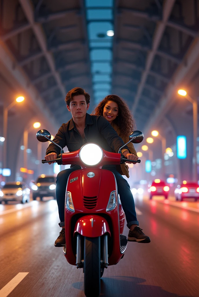 Generate a picture of boy(tom hollaand)and a girl(Zendaya ) on scooter under the flyover on a wide road at night and some of vehicles with beautiful street lights camera angle on one side