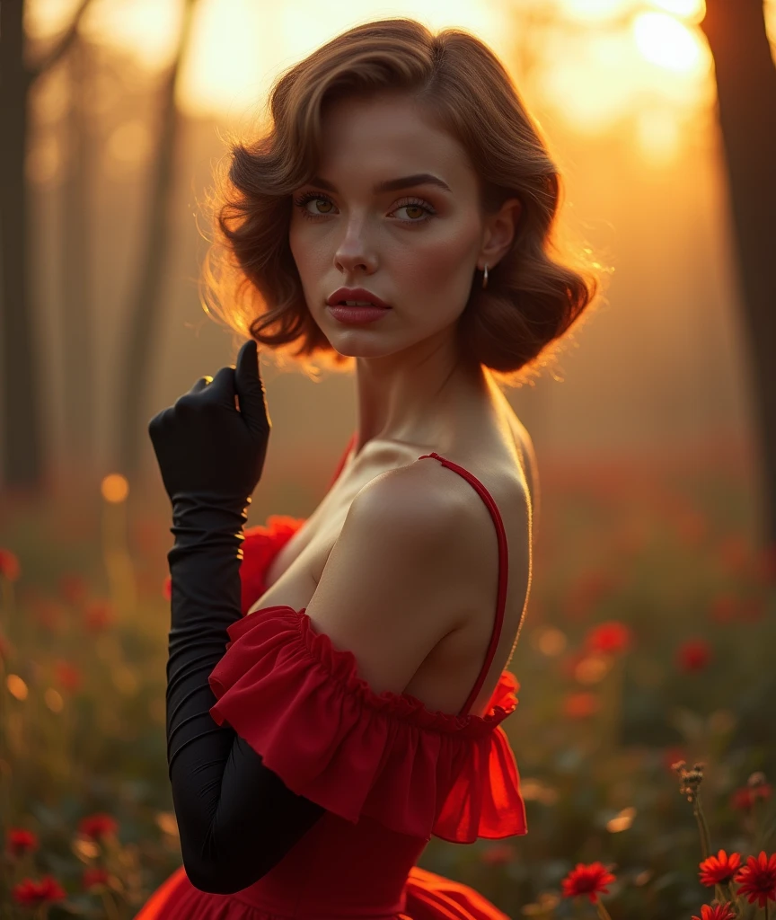 Beautiful girl, Russian Female Model, dynamic poses, Vintage Dress, black gloves, vintage wavy bob hair, black eyess, Abdominal muscles, cos , rounded breasts, large breasts, neckleace, fucked from behind, Morning sun, eyes on the public, (dynamic poses), ((details face)),Double eyelids, Rushes, realisitic, Masterpiece artwork, highest quallity, Lens flare, vintage, vintage style, ombre, flowers, [[Chromatic aberration]], por Jeremy Lipking , Direction: Antonio J... Manzanedo, digitalpainting, HDR, hight contrast, sensual dress, 8k, black eyes, red dress
