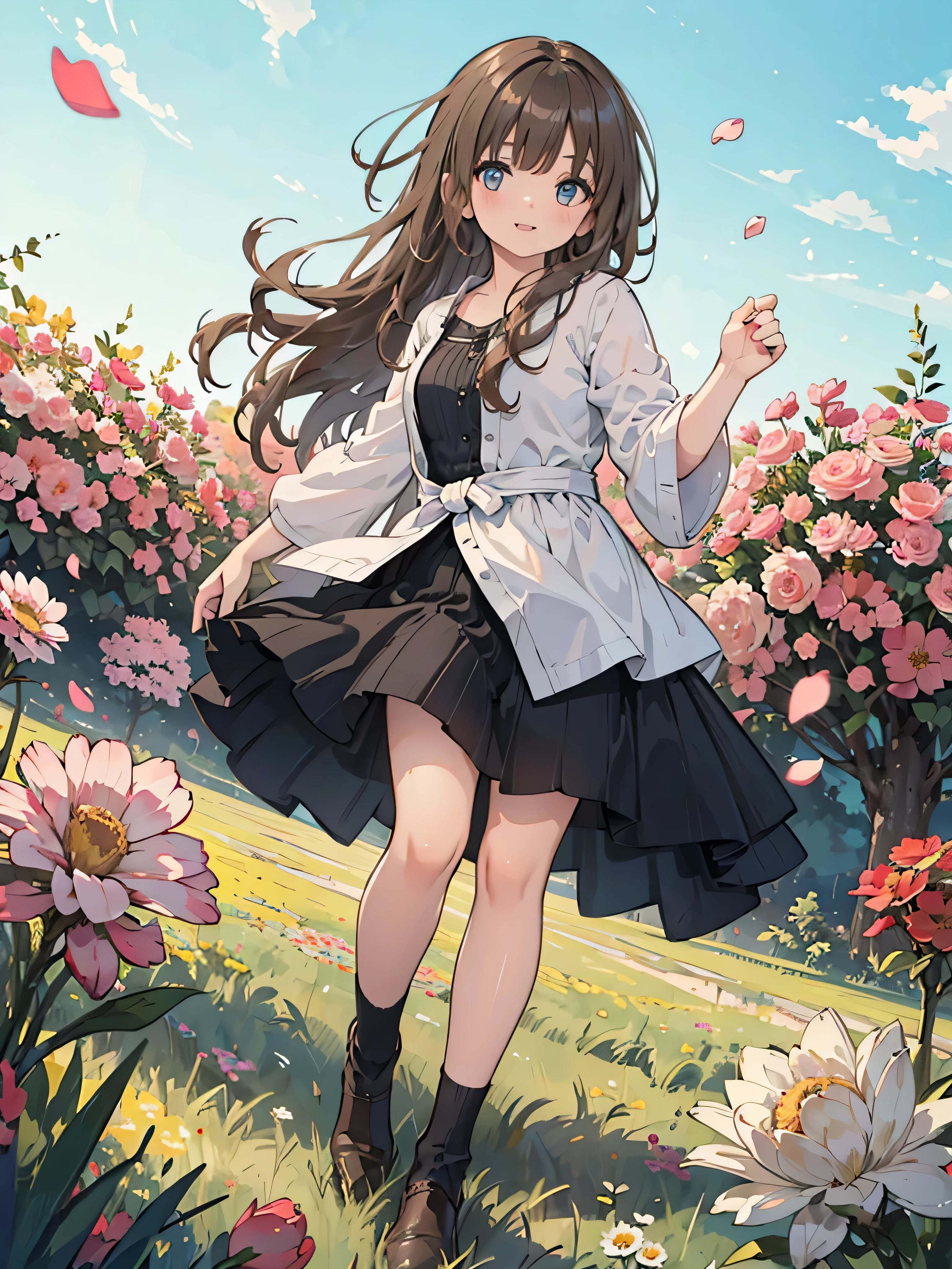 Official Art, wallpaper, Very detailed, (((Very detailed))), Realistic portraits, (high quality, masterpiece, High resolution), 8K  UHD, high quality, There is a woman, surrounded by colorful flowers, Flower Field, female portrait With flowers, Beautiful young dark-haired woman, 4K, 8k, Background Blur, smile, Angle from below, Anatomically correct, Dynamic, low angle , Full body photo, The wind is blowing, Dancing petals, Western, horizon, dance, Bouncing, prairie, open field, beautiful sunny day, blue sky, Raise one leg