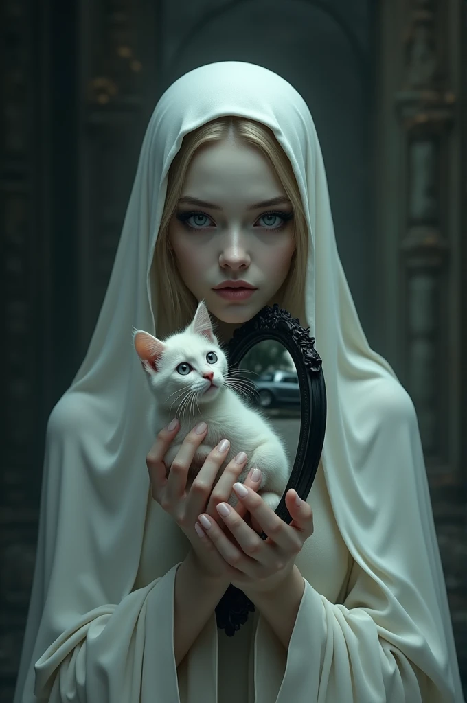 The half-woman saint death caressing a small white cat while holding a black mirror reflecting a car accident 