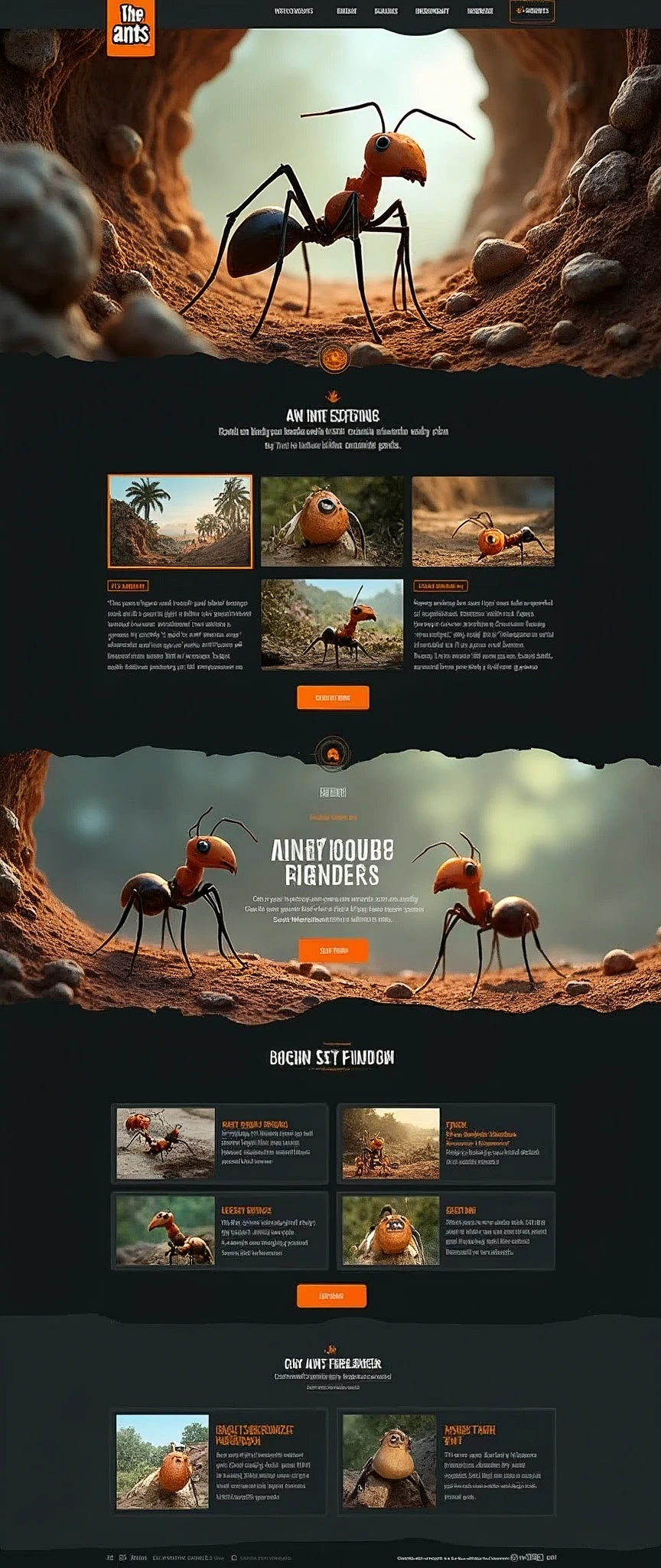 Game enterprise brand official website，strategy game，Cute ant subject，Clarity，Sober Web Page，Real Ants，The story of ants，Ant nests，Realistic Ant，Gaming websites，3D realistic style，reference：dribbble，Behance and other avant-garde web design creativity，Novel typography，High-end typesetting solutions，Advanced typography，Banner picture game font says：The Ants: Underground Kingdom The World's First Ant Strategy Games，