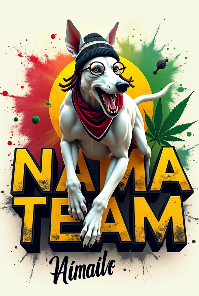 3d logo text "nama team" full white greyhound mix basenji mix white malinois, running roaring, white legs,
dreadlocks,wearing a hat beanie and smoking cigar cigarette,wearing cool glasses, muscular, white legs, saliva melting on sharp teeth, wearing a red and white bandana on his head. . In the lower left corner of the image, there is small writing below the text "nama team" which is written in cursive letters and handwritten style. ink splash red yellow green, jamaica flag mariyuana background