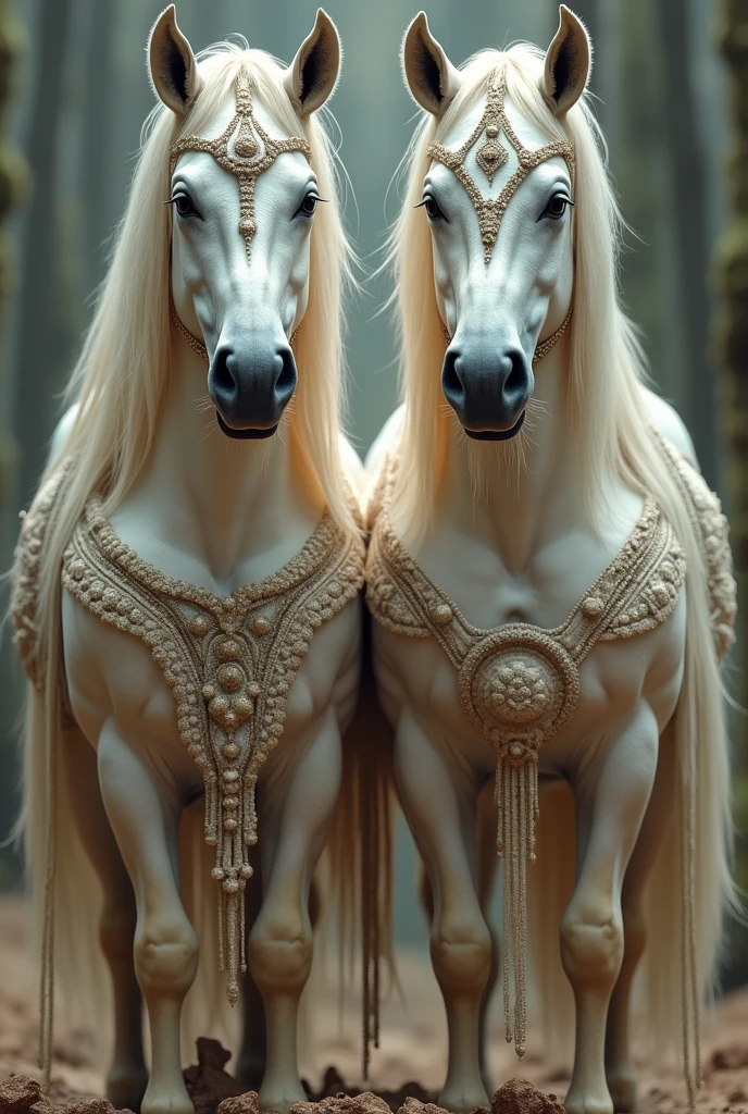 Centaur，twins，The face is facing forward，Matching clothes，is an adult，Centaur，Synthetic Beasts，men and women，yin and yang，The upper body is human