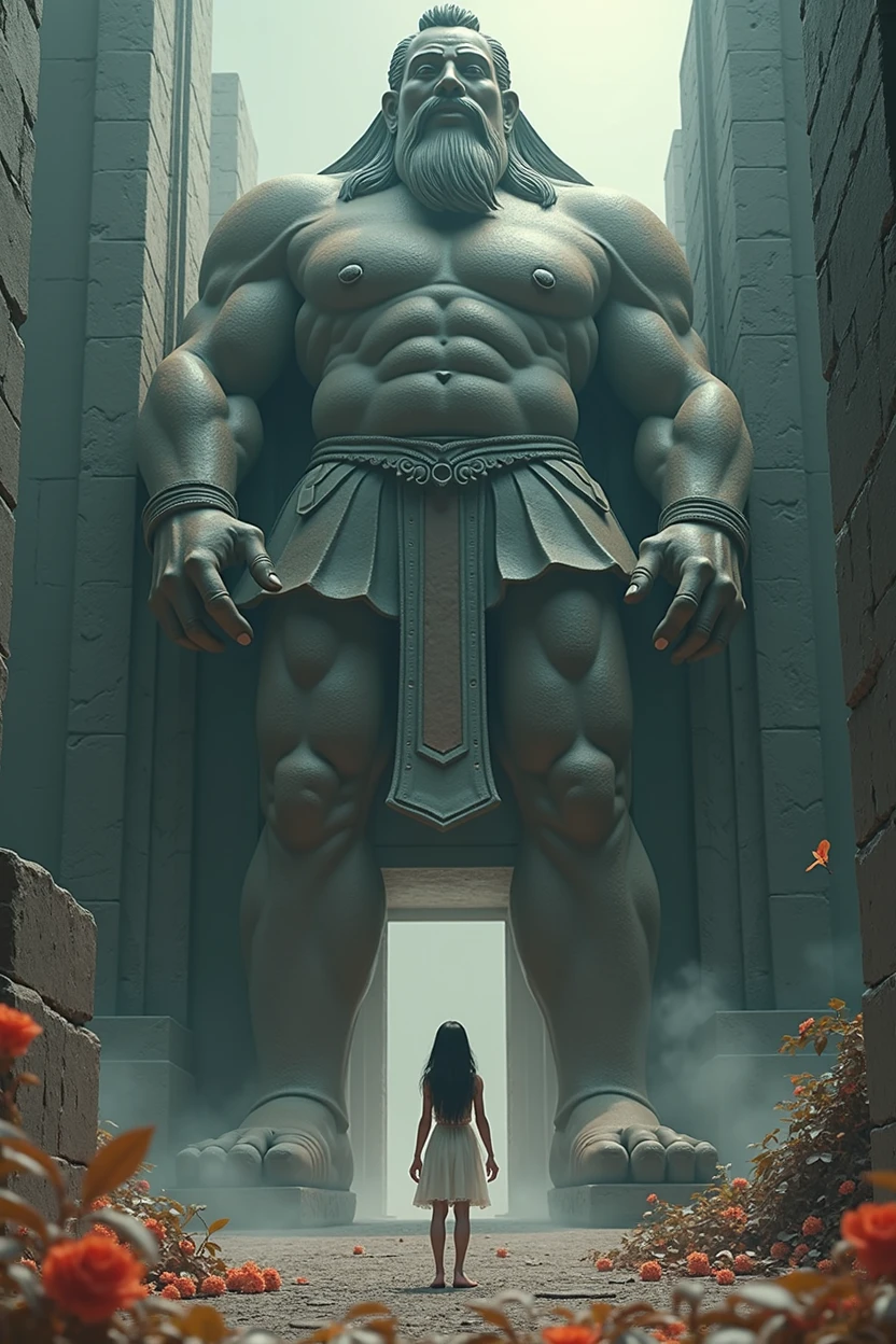 a huge ancient stone statues of powerful deities, towering over a small human figure, 1girl, beautiful detailed eyes, beautiful detailed lips, extremely detailed eyes and face, long eyelashes, awe-struck expression, anime, digital art, highly detailed, 4k, 8k, hyperrealistic, photorealistic, masterpiece, dramatic lighting, epic scale, volumetric lighting, dramatic cinematic composition, vibrant colors, fantasy, mystical, surreal