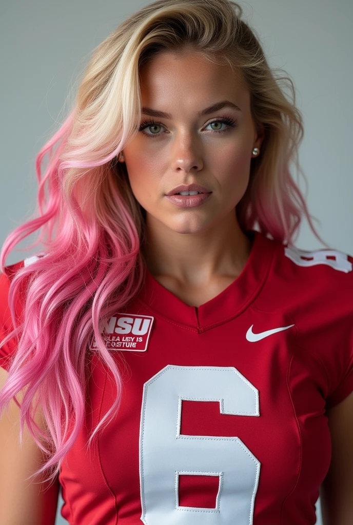 A photo of Lexi Stevens, a quarterback for the female Wisconsin Badgers football team. Number 6. Blonde hair with pink tips and a busty frame