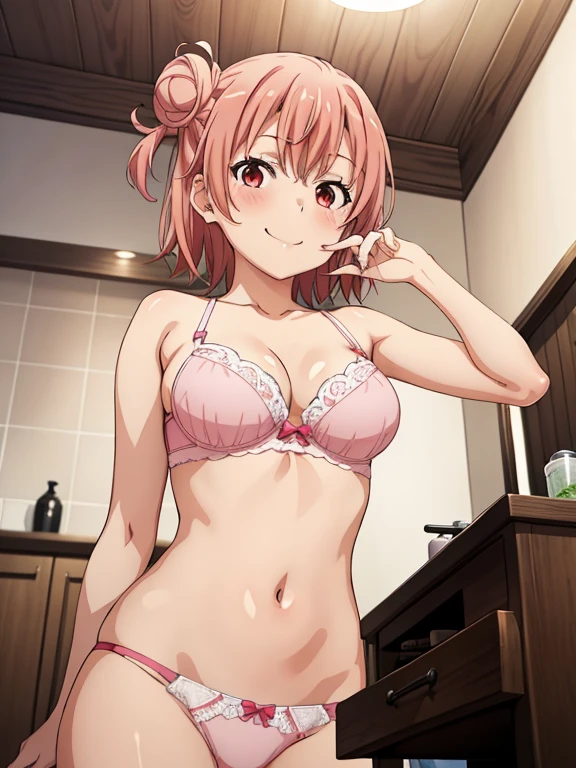 ((masutepiece, Best Quality, hight resolution, nffsw, Perfect Pixel, depth of fields, 4K, )), 1girl in, Solo, , Beautiful anime girl, Beautiful Art Style,
very low view angle:1.3, view from below:1.5, legs up:1.5, bathroom background,
Perfect body, smile face:1.5 shot from below:1.4, finger on lips:1.5, pink stockings, pink lingerie:1.5,
Yuigahama Yui, Hair bun, short hair, medium breasts,
Full face blush, red face,
straight on:1.3, medium shot