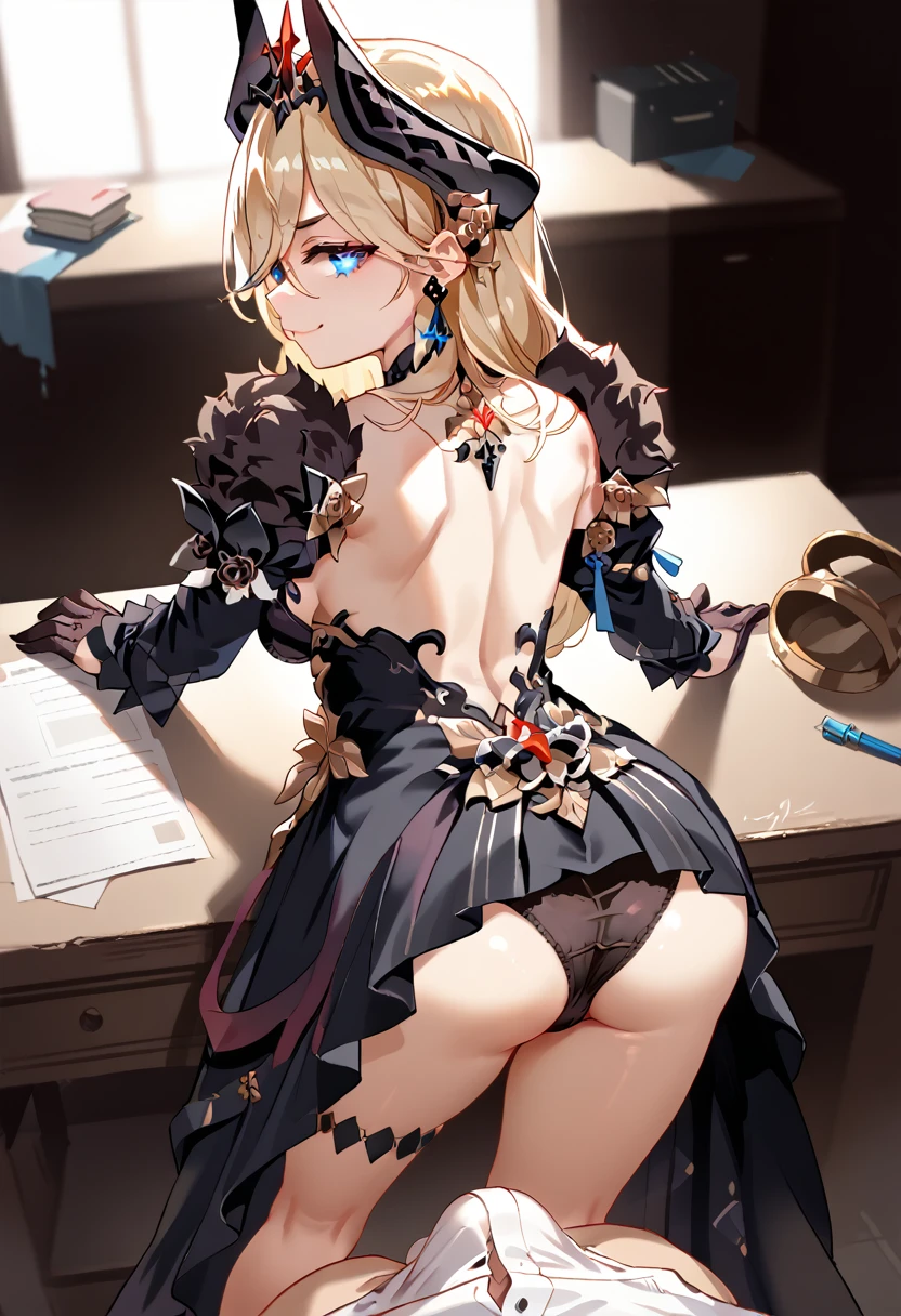 4k,lighting,highres,dyl,1girl,blonde hair,gloves,blue eyes,horns,breasts,black gloves,blackdress,black single thighhigh,earrings,jewelry,standing,on desk,bent over,ass,black panties,from behind,wide hip,open legs,close up,pov,bulge,1 boy,look at viewer,smirk,glowing eyes