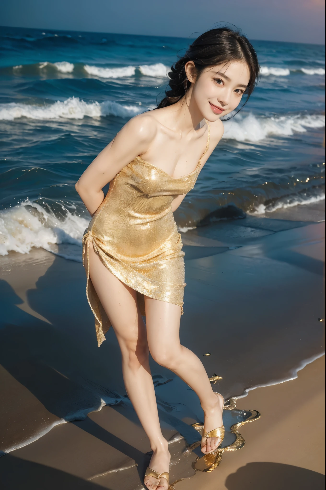(((best quality))), (((ultra detailed))), (((masterpiece))), illustration,((1 beautiful young girl,solo)),(shoulder-length straight bob:0.8),((sweat,wet)),(shiny skin:1.5),((slim,thin)),((small breasts,flat chest)),(standing:1.3),(arms behind back:1.5),(on golden sandy beach:1.3),(by the sea:1.3),(sunset sunlight:1.3),stunning, (golden sparkling dress:1.3),(slender legs:1.2),(loafers:1.2),(fair smooth skin:1.3), (detailed eyes:1.2),(smile:1.3),delicate fabric,ethereal, adorn, azure waves,shore,foam, stillness, (evening:1.3),((from front,full body))