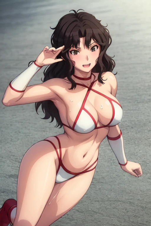 masterpiece, best quality, beautiful art, high resolution, well formed hands, body and fingers, 1 woman, solo, Kaoru Tanamachi, 31 years old, full body picture, grown up, adult, large and rounded breasted, cleavage, hair ornament, wearing a Tyris Flare outfit ,  white_bikini, full body, sexy and skimpy  bikini, gorgeous  hips, legs and thighs bouncing breasts, red boots, fighting in a combat match, showing her fighting skills, making her guard, about to hit the viewer, looking at the viewer,  panties peek, sweating, bouncing breasts, smiling joyfully and brightly, seductive face, being confident and proud, action and fighting scene, martial arts tournament on the beach              