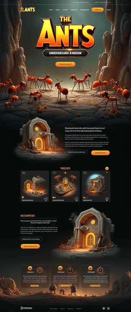 Game enterprise brand official website，strategy game，Little Ant Kingdom，Clarity，Sober Web Page，Real Ants，The story of ants，Ant nests，Realistic Ant，Gaming websites，3D realistic style，reference：dribbble，Behance and other avant-garde web design creativity，Novel typography，High-end typesetting solutions，Advanced typography，Banner picture game font says：The Ants: Underground Kingdom The World's First Ant Strategy Games，