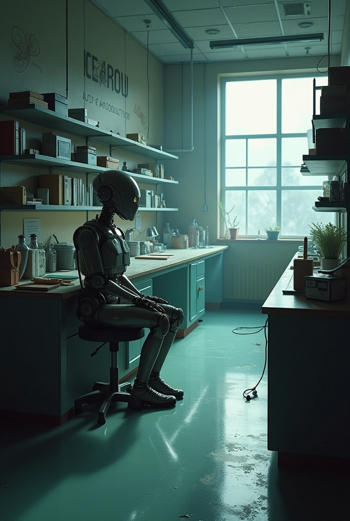 The Silent Lab After Unit-47 Shuts Down: The lab in complete silence after Unit-47 powers down, with the robot sitting still in the corner. The room is filled with the scientist’s belongings, now untouched, symbolizing the end of their time together.