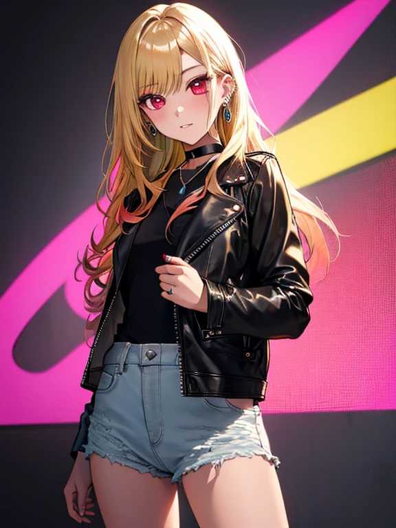 Black Leather Jacket, kitagawa marin, One girl, Blonde Hair, Long Hair, Multicolored Hair, Red eyes, jewelry, Earrings, Earrings, Black choker, uhd, retina, masterpiece, ccurate, anatomically correct, textured skin, super detail, high details, high quality, best quality, highres, 4K