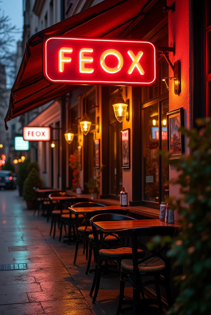 A restaurant with a sign that says the name F E O X