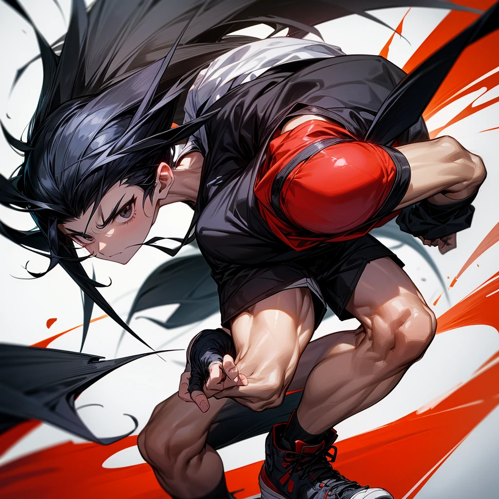 A guy with black hair styled in saibat style with black eyes wearing a shirt, shorts, red and black sneakers, holding a monster-fighting kunight

