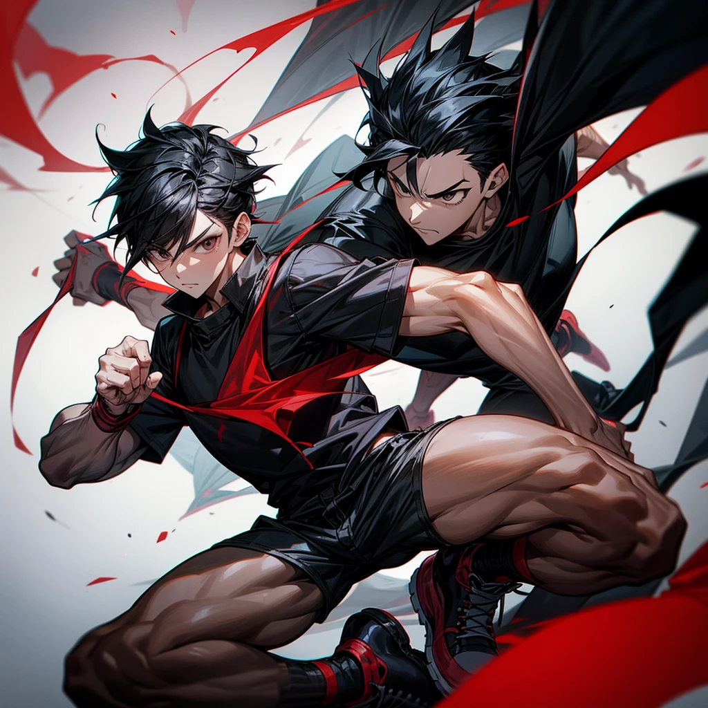 A guy with black hair styled in saibat style with black eyes wearing a shirt, shorts, red and black sneakers, holding a monster-fighting kunight