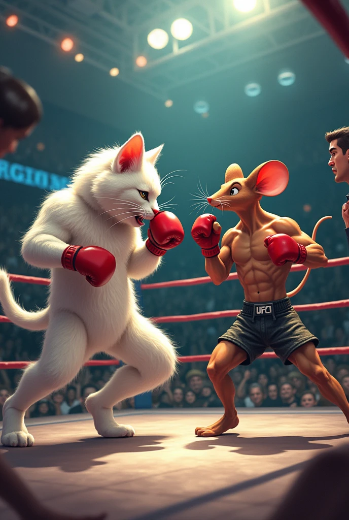 A highly detailed and dynamic illustration of an anthropomorphic cat and mouse engaged in a UFC-style fight in a boxing ring. The cat, with fluffy white fur and wearing boxing gloves, is delivering a powerful kick to the muscular mouse, who is dressed in shorts and gloves, showcasing a surprised expression. The arena is filled with an enthusiastic crowd, with dramatic lighting highlighting the action. The scene captures the intensity and humor of the match, with a referee in