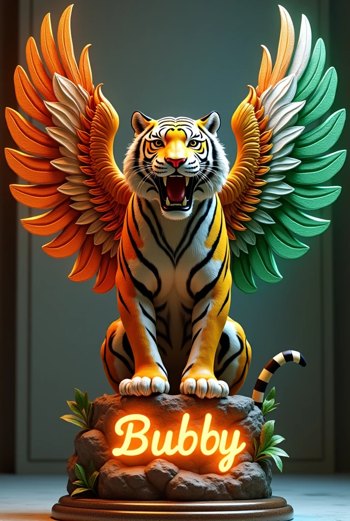 Design an intricate and decorative 3D Tiger sculpture that incorporates the Indian tricolor (saffron, white, and green) on its wings, along with detailed patterns and . The Tiger should have a central roaring head as its body, and it should be displayed on an elegant base that features the name 'BuBBy' in a glowing, ornate . The background should be simple, allowing the detailed artwork and vibrant colors of the Tiger to stand out, creating