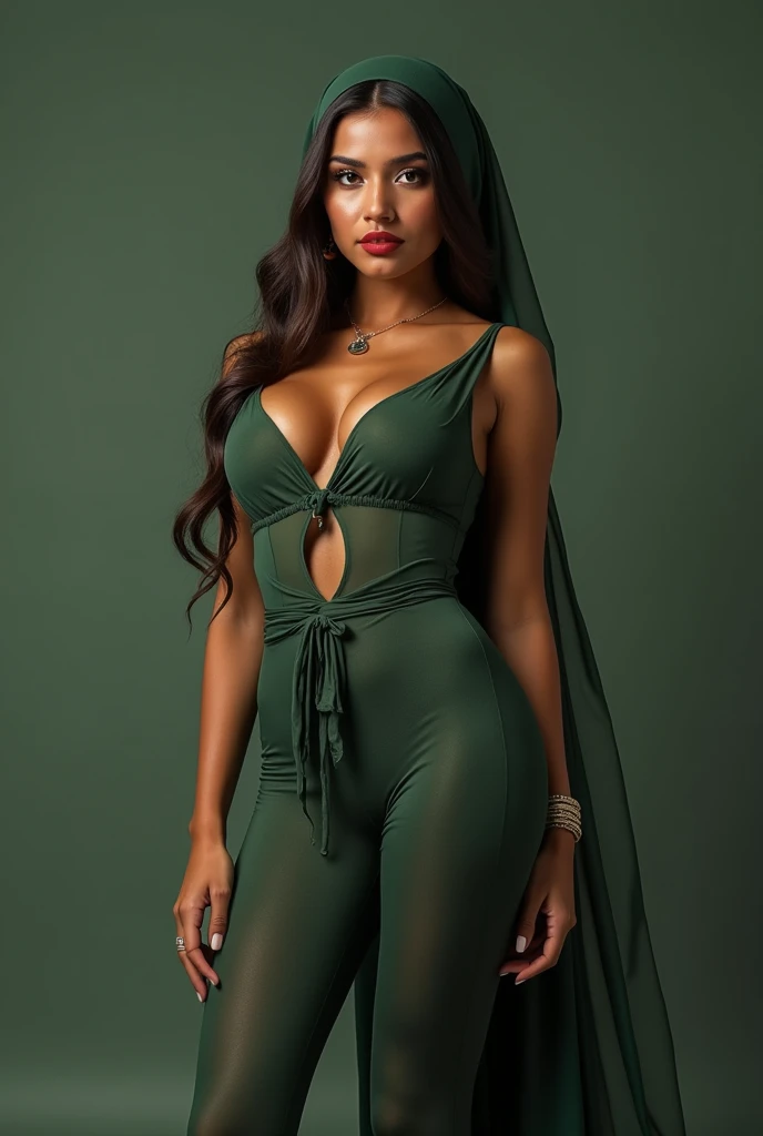 A head to toe picture of a beautiful 17 year old brown girl, tall, slim, big boobs, jucy lips with red lipstick, curvy ass, beautiful eyes, wears hijab, wears sleevless transperent green kamij, showing cleavage, wears a skin tight tights, showing her curvy ass, wears hijab, kneeling down, a hindu guy 50 years of age, brown with lot of chest hair, standing in front of the girl, dick is out, dick is big, black and veiny, wears dhuti, and a geruya panjabi.