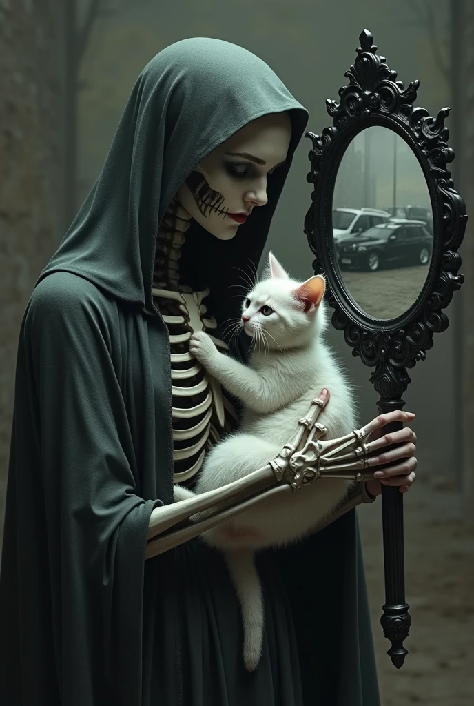 The half-woman saint death caressing a small white cat while holding a black mirror reflecting a car accident. That has half a skeleton face and the cat has spiky hair  