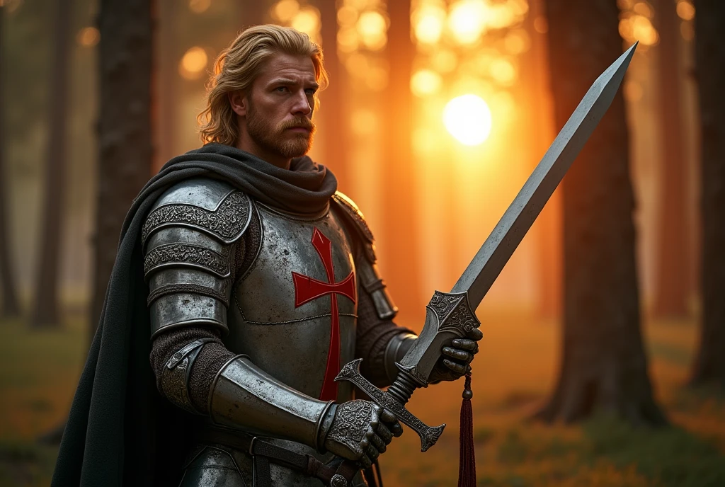 Profile, standing pose, action pose, in forest, sunset, 12th century, One of the Teutonic Knights,(Englishman, 40 age-old, gold hair, middle hair, beard, mustache, serious)), Cover the whole body in armor, He hold a double-edged sword in both hands, (one Crusader sword), The handle is cross-shaped, It is decorated, He wears a cloak with a red cross on his chest, Accurate,  ((Anatomically correct,Surrealism, UHD, retina, accurate, anatomically correct, textured skin, super detail, high details, best quality, 8K))