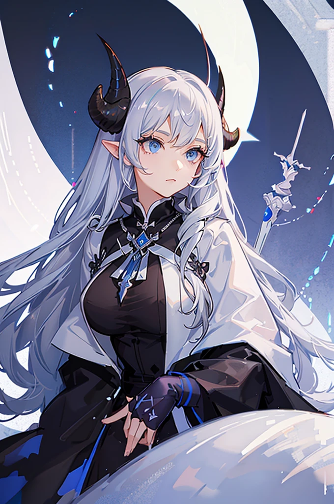 highest quality, masterpiece, high resolution, 1 person, female, silver hair, long hair, blue eyes, bored face. distinct eyes, side, big eyes, Eyelashes, eyeliner, white Uniform, black hairpin, Sheep Horn, huge breasts, priest