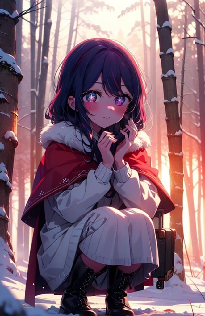 aihoshino, Ai Hoshino, Long Hair, bangs, (Purple eyes:1.1), Purple Hair, (Symbol-shaped pupil:1.5), smile,,smile,blush,white breath,
Open your mouth,snow,Ground bonfire, Outdoor, boots, snowing, From the side, wood, suitcase, Cape, Blurred, , forest, White handbag, nature,  Squat, Mouth closed, Cape, winter, Written boundary depth, Black shoes, red Cape break looking at viewer, Upper Body, whole body, break Outdoor, forest, nature, break (masterpiece:1.2), Highest quality, High resolution, unity 8k wallpaper, (shape:0.8), (Beautiful and beautiful eyes:1.6), Highly detailed face, Perfect lighting, Highly detailed CG, (Perfect hands, Perfect Anatomy),