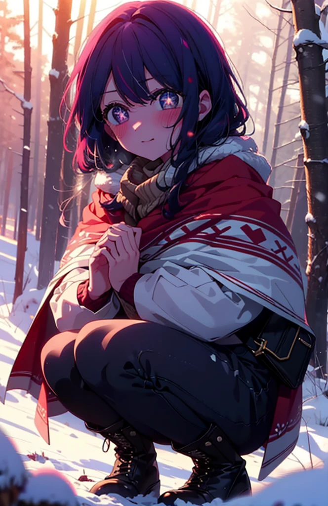 aihoshino, Ai Hoshino, Long Hair, bangs, (Purple eyes:1.1), Purple Hair, (Symbol-shaped pupil:1.5), smile,,smile,blush,white breath,
Open your mouth,snow,Ground bonfire, Outdoor, boots, snowing, From the side, wood, suitcase, Cape, Blurred, , forest, White handbag, nature, Squat, Mouth closed, Cape, winter, Written boundary depth, Black shoes, red Cape break looking at viewer, Upper Body, whole body, break Outdoor, forest, nature, break (masterpiece:1.2), Highest quality, High resolution, unity 8k wallpaper, (shape:0.8), (Beautiful and beautiful eyes:1.6), Highly detailed face, Perfect lighting, Highly detailed CG, (Perfect hands, Perfect Anatomy),