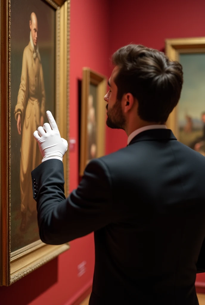Wearing white gloves、A male curator touching a painting in an art museum　Wearing a suit