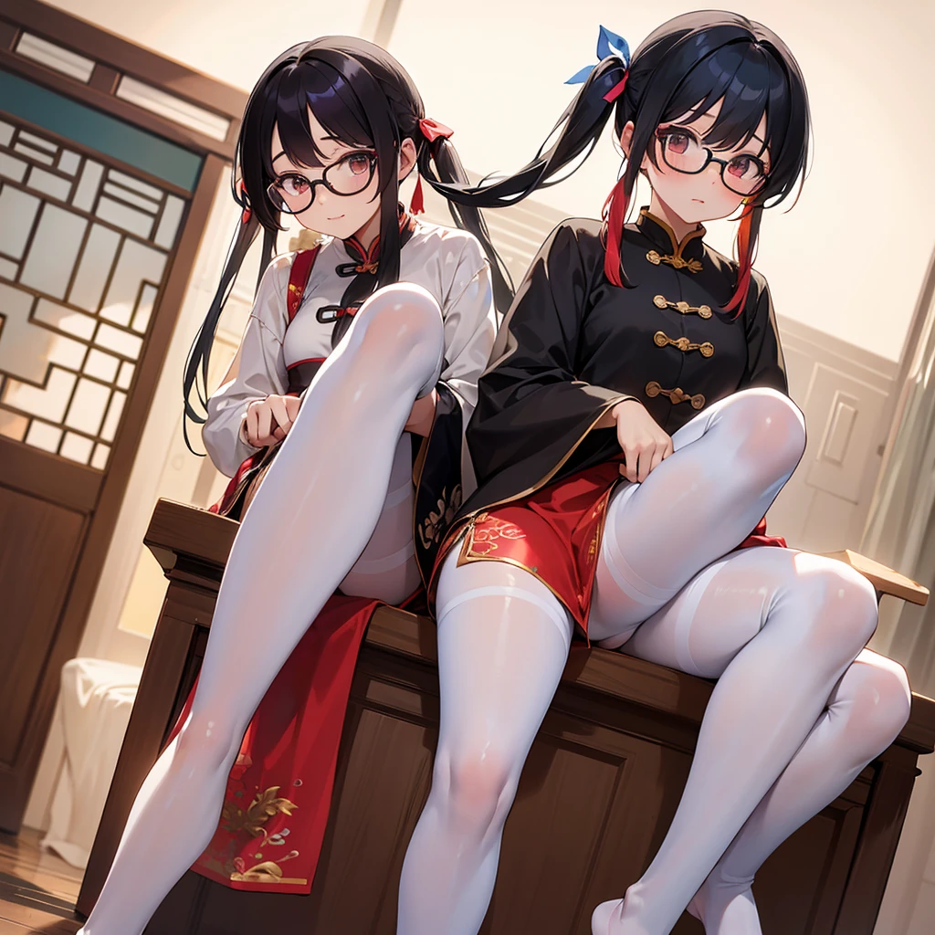 Zhezhi, twintails, multicolored hair, glasses, hair ribbon, chinese clothes, white pantyhose,nudes