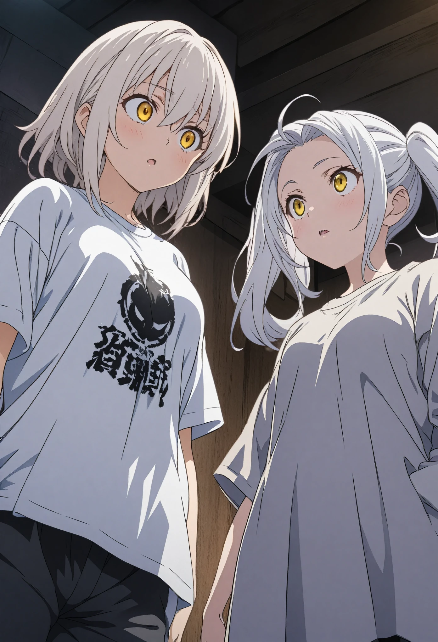 Two Girls, masterpiece, Highest quality, Highly detailed CG Unity 8k wallpaper, High School Girl Anime Illustration. Wear an oversized t-shirt and oversized pants、Keep your hands in your pants pockets, The background is a simple single color。white hair color, Yellow Eyes, Confused eyes, Angle looking up from below