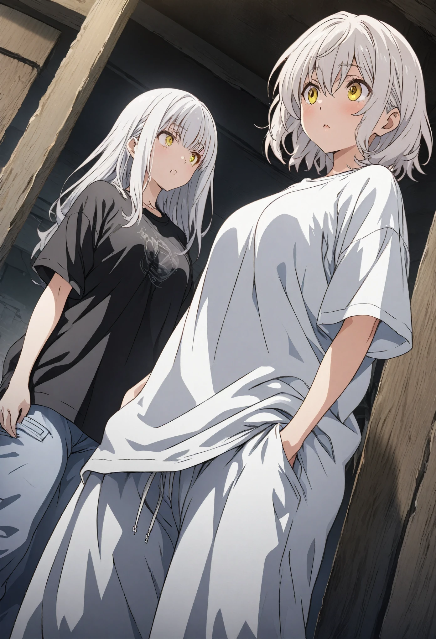 Two Girls, masterpiece, Highest quality, Highly detailed CG Unity 8k wallpaper, High School Girl Anime Illustration. Wear an oversized t-shirt and oversized pants、Keep your hands in your pants pockets, The background is a simple single color。white hair color, Yellow Eyes, Confused eyes, Angle looking up from below