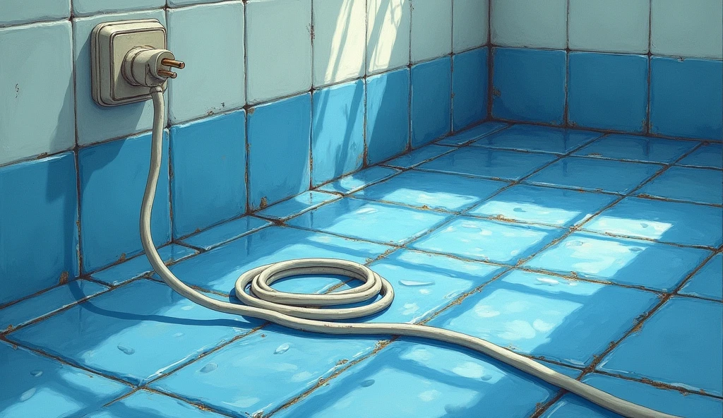 old tile floor, blue tile floor, illustration, Floor close-up, White power cord submerged in water, 110 volt power cord, Oil painting, submerged floor, rippling water surface, realistic,