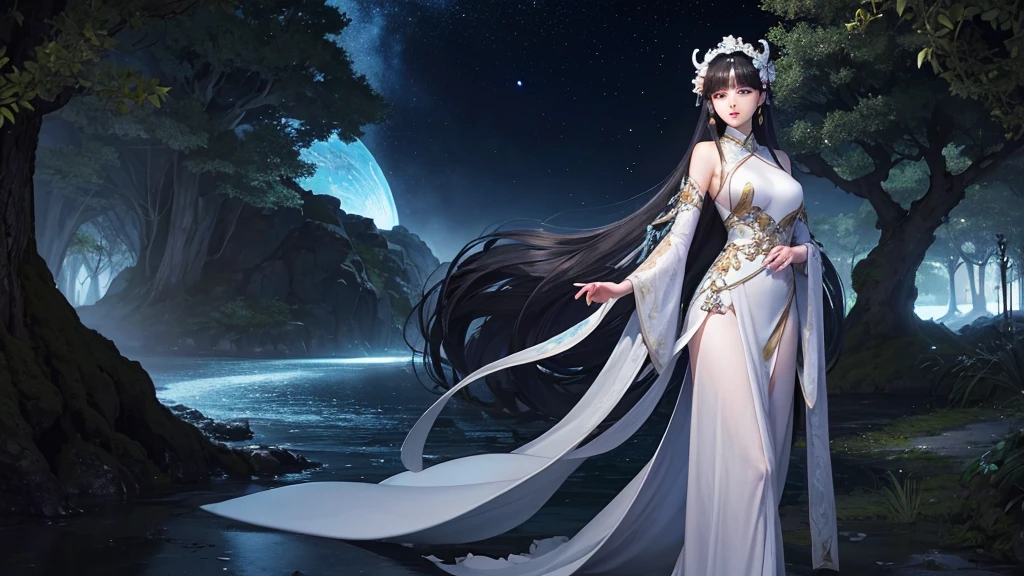night,A vast expanse of silvery sand amidst the laurel trees,A beautiful and charming woman wearing gorgeous white ancient Chinese costume,Black long hair,Charming black eyes,Standing,Surrounded by laurel trees,The sky is deep blue,Night Sky,