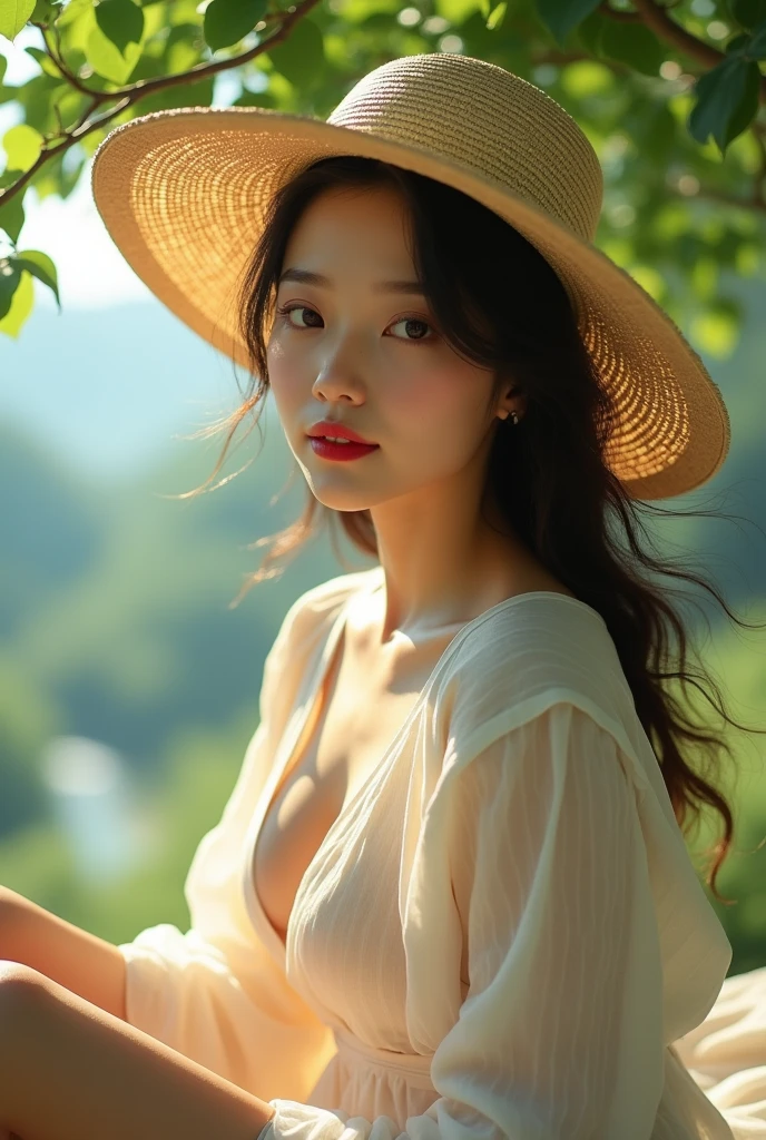 closeup cleavage，sface focus，
Lateral face，1女孩被soft_Light，The light from the back window is backlighted，illuminating，Deep V floral aroma_Summer_dress，straw_Hat，
tmasterpiece， realisticlying， hdr， highly  detailed， 8K， RAW photogr，
Environmental occlusion，naturey，Harmonious composition，a warm color palette，fine art photography，