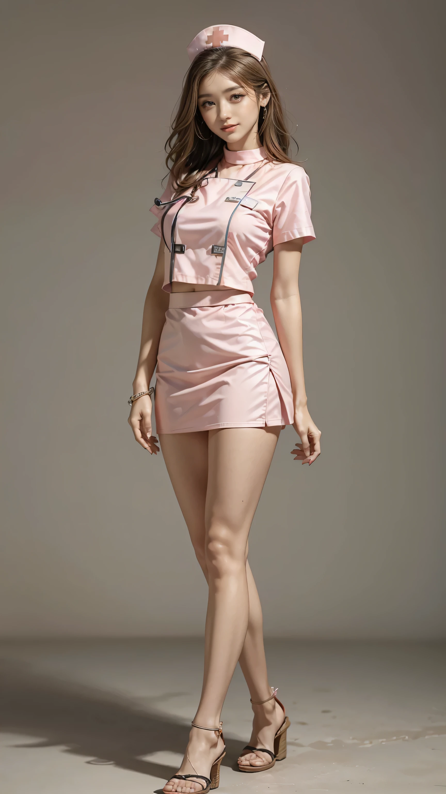 ((Highest quality, Tabletop, Ultra-high resolution、The most complex and detailed depiction))、(Bright lighting:1.1)、(One beautiful woman:1.1)、(Very light wavy hair:1.5)、(Pink Nurse Costume:1.8,Micro Mini Skirt:1.8,Nurse cap:1.8,Nurse Sandals:1.8),、Best smile:1.5,Full Body Shot:1.5,Gray background:1.5,Blonde wavy hair:1.8,Random Blonde:1.8,Curly Hair:1.8,Long Hair:1.5,sleek bangs:1.8,Large Breasts:1.2,gal,Sunburned skin:1.9,Thin fingers:1.5,smile:1.5,The whites of the eyes are clear:1.8,Long, Slender legs:1.8,Calves are thin and long:1.8,Thin ankles:1.8,Thick thighs,Tall:1.3,