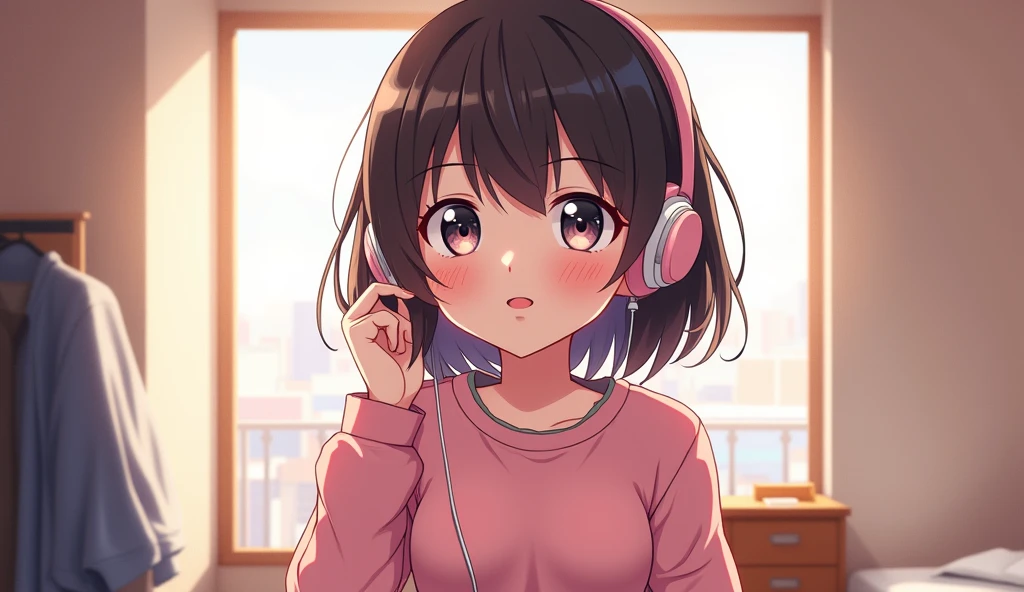 2D Style Anime, bright personality、Big Breasts、Shortcuts、Sweatshirt、LoFi、noon、smile、Headphones、high school girl、Private room