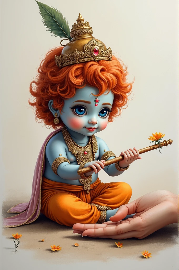 A captivating and vibrant charcoal sketch encapsulates a magical and tender moment between a pair of open hands and a charming cute lord krishna with striking red hair and enchanting blue eyes. The krishna having flute with a delicate headpiece that symbolizes their noble lineage, wears an elegant, meticulously detailed garment that highlights their aristocratic heritage. The krishna diminutive size imbues the scene with a sense of wonder and enchantment. The gentle touch of
