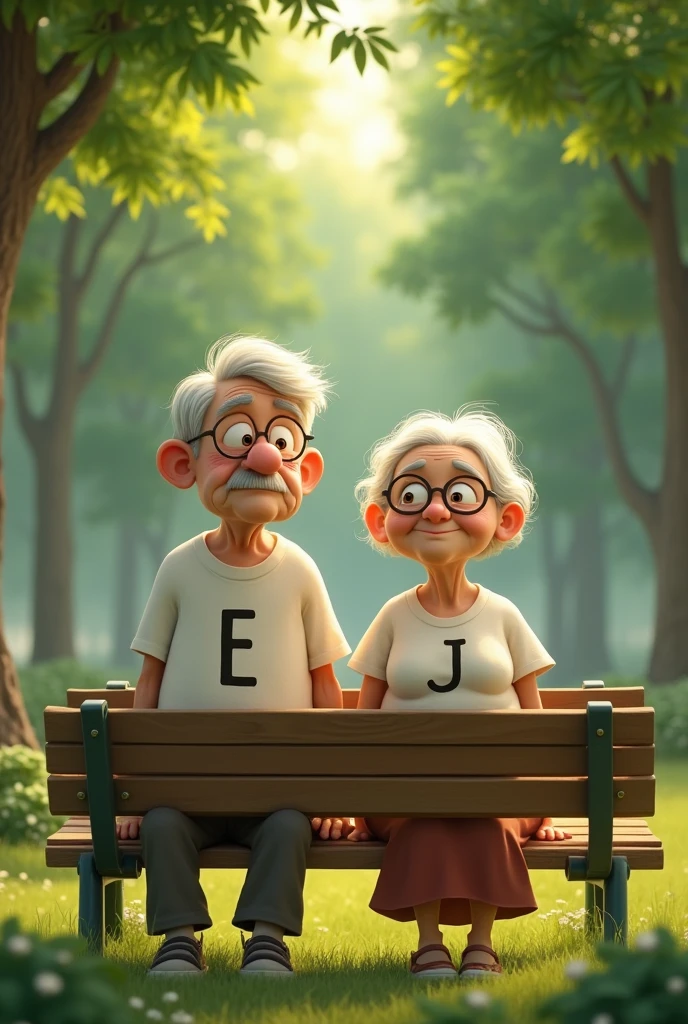 An old man and an old woman Pixar sitting on a bench looking at me With white shirts and in front the boy has the letter E on his shirt and the girl has the letter J on her shirt and below the letters they have the numbers 04-12-19 And behind them a park 