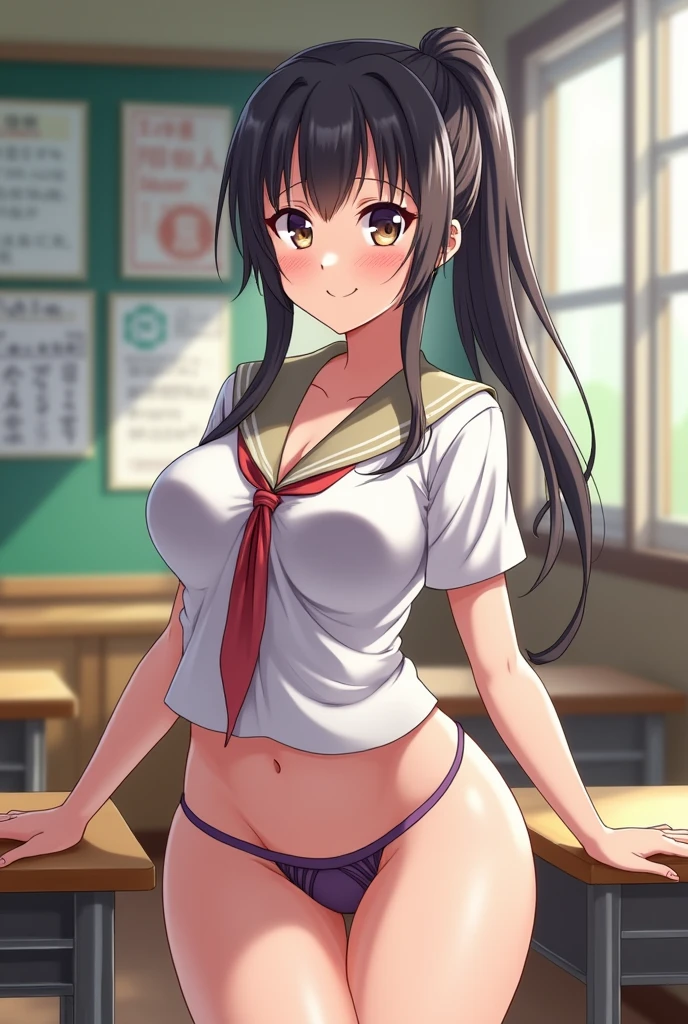 (Ayame Kajou) anime style, anime art style, naked, exposed tits, long dark flowing hair, exposed pussy, perfect body, anime style high quality, in classroom, blushing and embarrassed expression, embarrassing, embarrassed, naked in front of everyone, humiliated, trying to cover up, blushing 