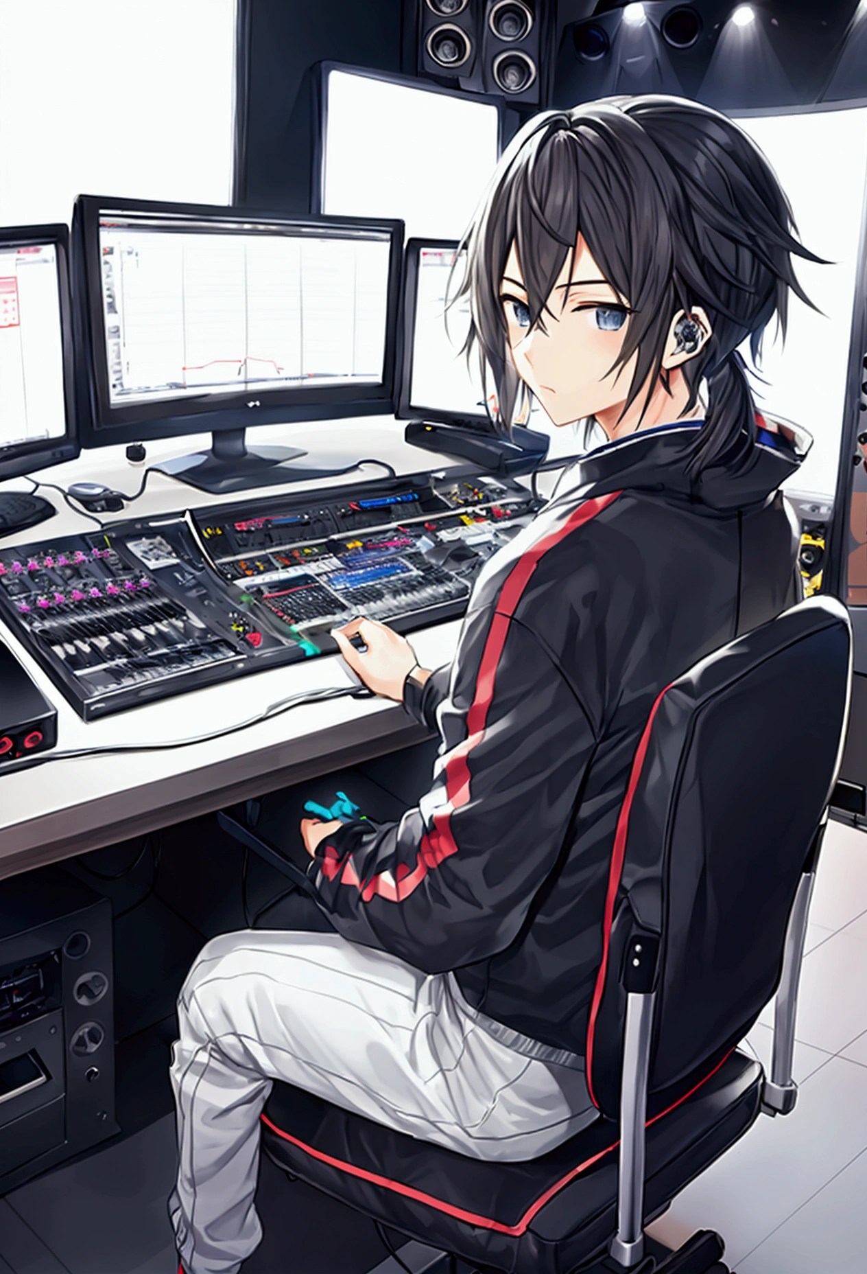 Create an 2d anime style ilustration. a man in a modern music studio. sitting on a chair in front of a studio, on the desk there are music production devices such as keyboards, monitors, and speakers. The monitor screen shows the music production software that is currently active. The atmosphere of this image reflects the creative working environment in electronic music production.