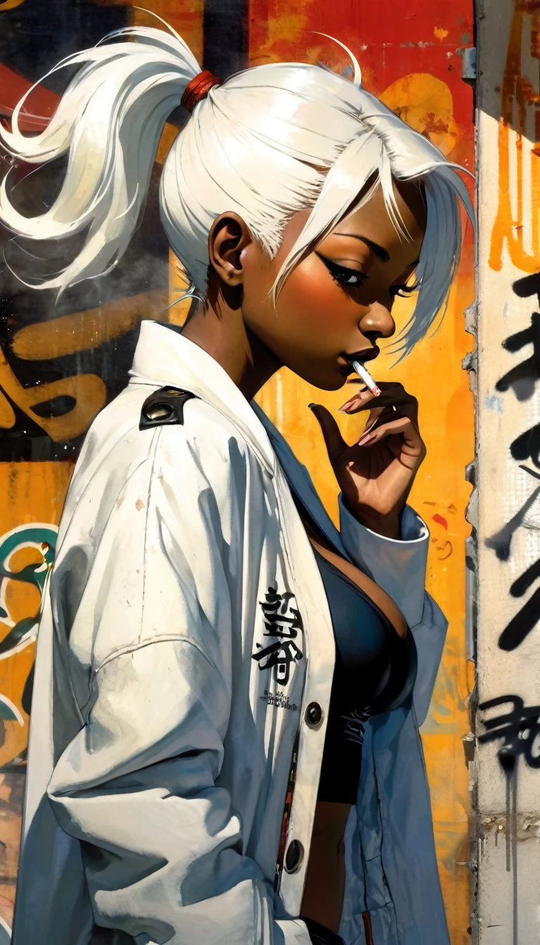 1girl,bousouzokku, cinematic angle,white hair, ponytail, (dark skin,shiny skin:1.3), serious, half closed eyes, japanese writing on clothes, murals , graffiti, , leaning back to wall, head back, looking down, looking at viewer, portraits, close up, cigarette,cigarette smoke, sarashi, white coat, cleavage, dynamic light, (masterpiece:1.2), (best quality:1.2), (very aesthetic:1.2), (absurdres:1.2), (simple background), newest, intricate details, perfect anatomy,ai-generated,,art inspired by Bill Sienkiewicz and dave mckean