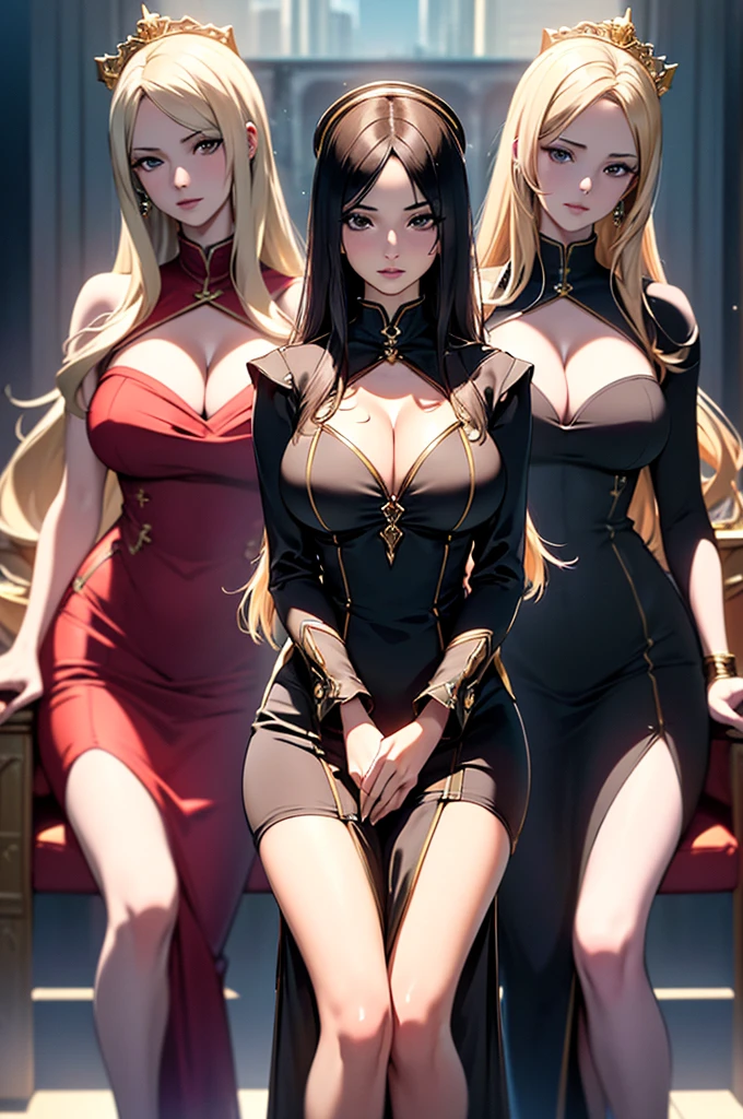 (best quality,4k,8k,highres,masterpiece:1.2),ultra-detailed,(realistic,photorealistic,photo-realistic:1.37) three beautiful girls sitting around a throne, cleavage showing, sexy, slim figures, rich girls, expensive outfits, multiple girls, three girls, trio