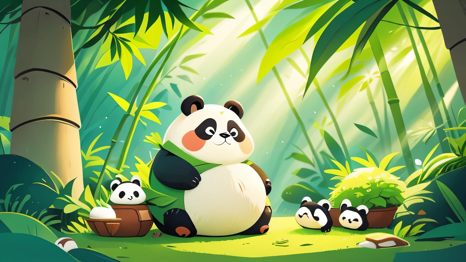A panda (panda) munching on bamboo in a lush bamboo forest. Text overlay: 'P untuk panda'. The panda is depicted as cute and content, surrounded by tall bamboo and a green, tranquil setting. inspired by Goro Fujita, promotional art, illustration for children, by Choi Buk, by Murakami, 2d digital illustration