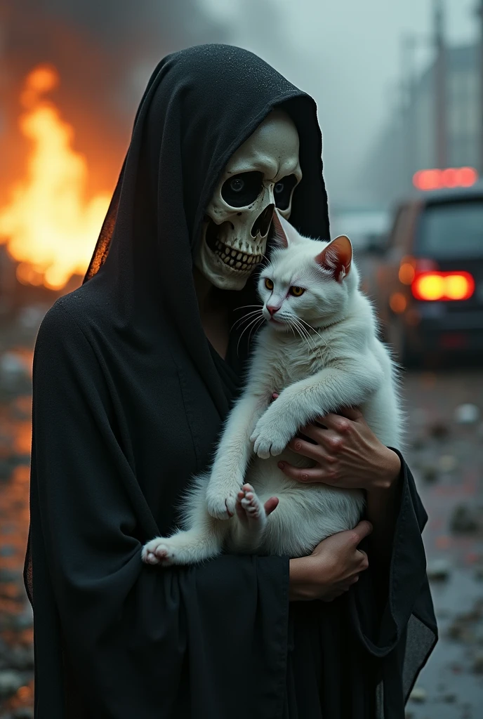 The half-woman saint death caressing a small white cat while holding a black mirror reflecting a car accident. That has half a skeleton face and the cat has spiky hair . Flames coming out of cars