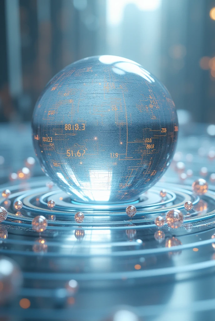 A transparent sphere in the center,There are layers of tracks on the periphery。There is a transparent ball on each track.,There are many energy values inside the sphere