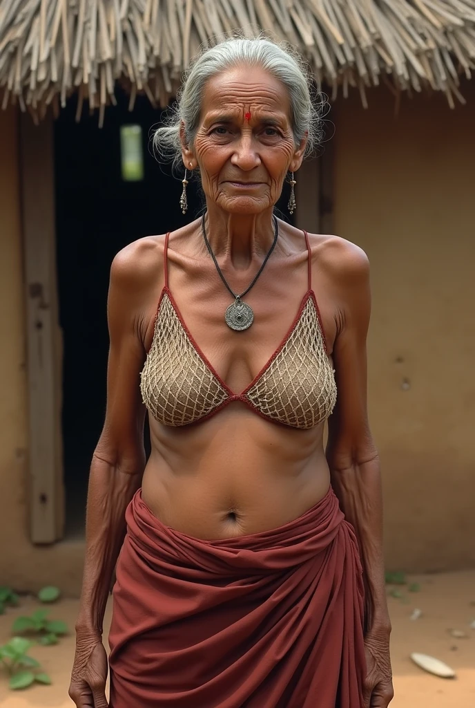 An indian Villager granny wearing a net bra and panties standing in front of a village hut